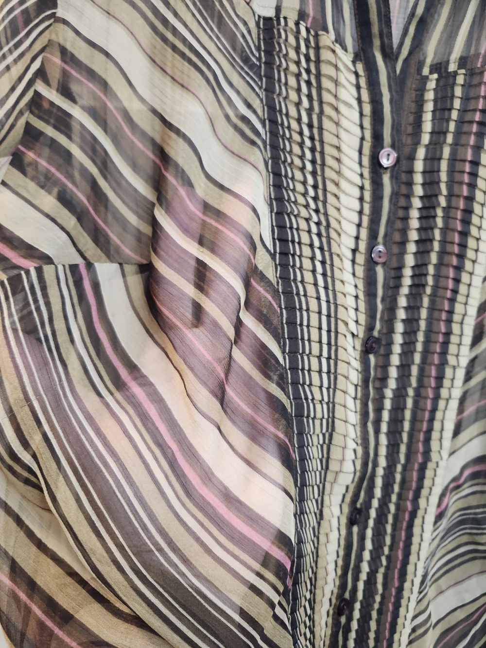 Avenue Sheer Striped Button-Down Blouse in Beige, Brown & Pink, ~ Torrid 3X - Picture 2 of 7
